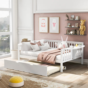 Full Size Daybed With Twin Size Trundle, Wood Slat Support, White White Solid Wood