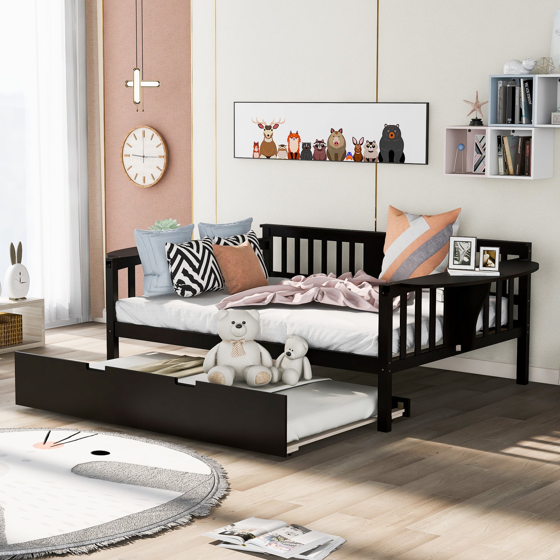 Full Size Daybed With Twin Size Trundle, Wood Slat Support, Espresso Espresso Solid Wood