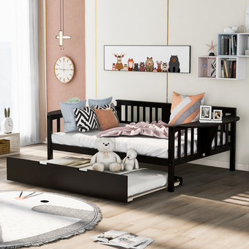 Full Size Daybed With Twin Size Trundle, Wood Slat Support, Espresso Espresso Solid Wood