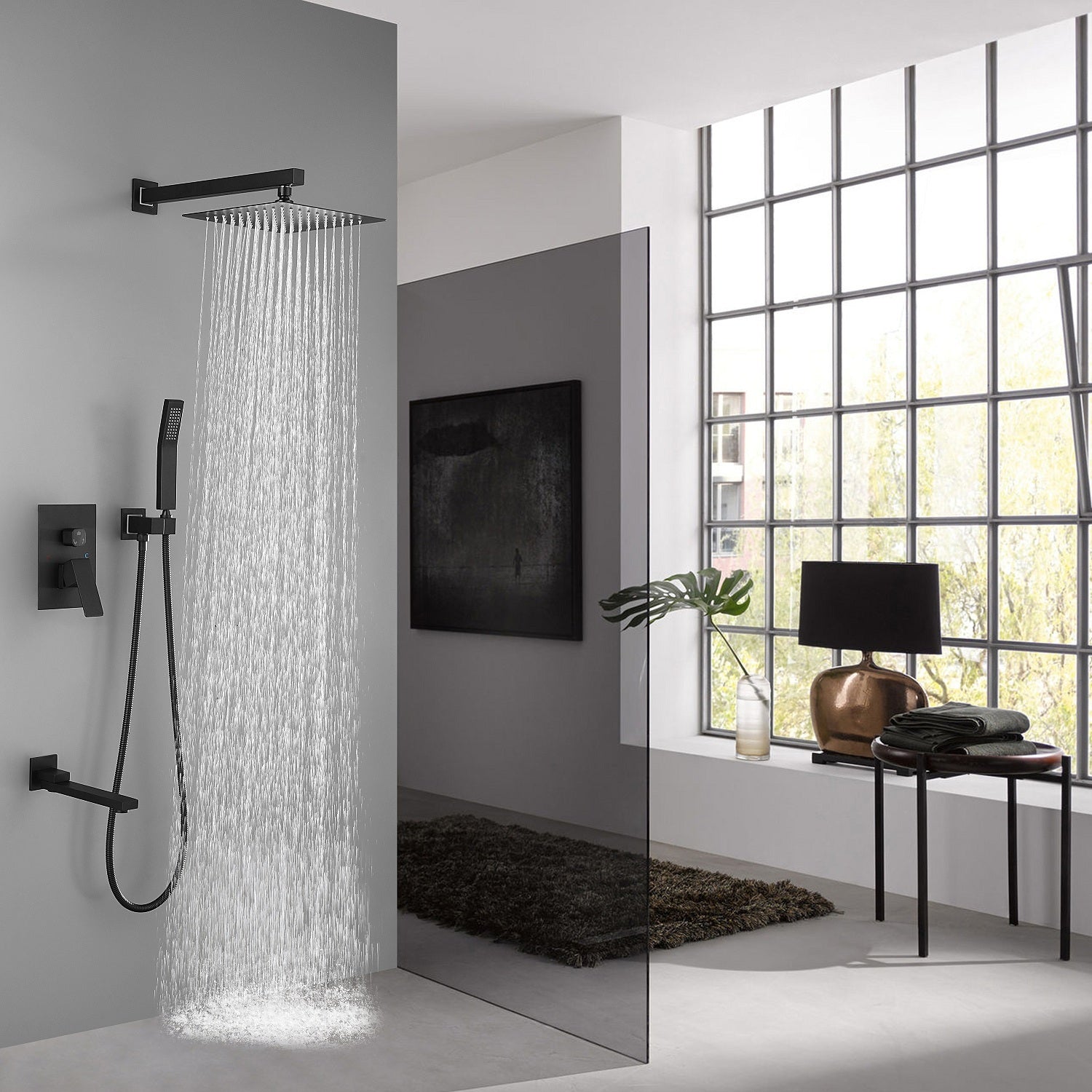 Shower System 10 Inch Square Bathroom Luxury Rain Mixer Shower Combo Set Matte Black Brass