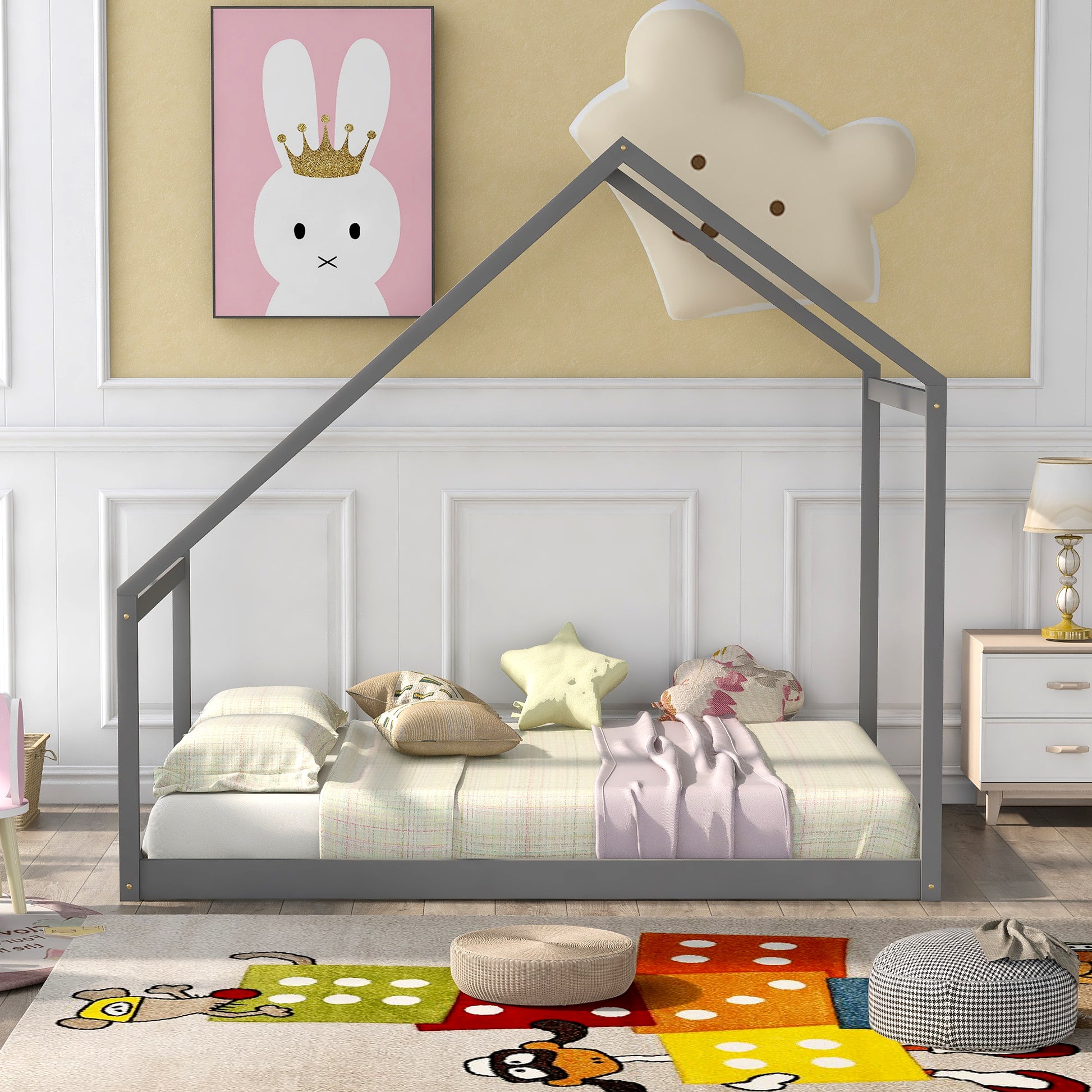 Full Size Wooden House Bed, Gray Gray Solid Wood