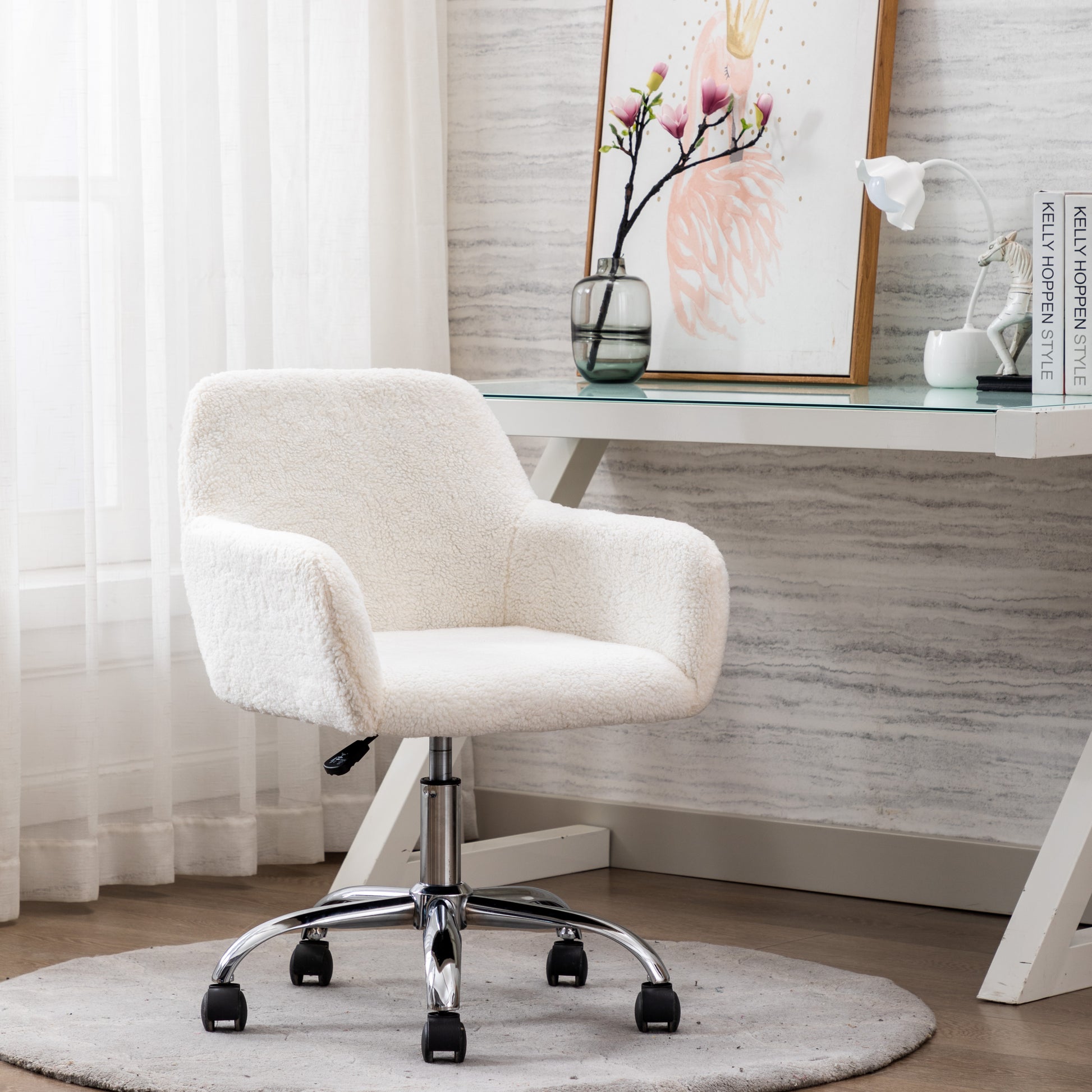 Hengming Faux Fur Home Office Chair,Fluffy Fuzzy Comfortable Makeup Vanity Chair ,Swivel Desk Chair Height Adjustable Dressing Chair For Bedroom White Wool