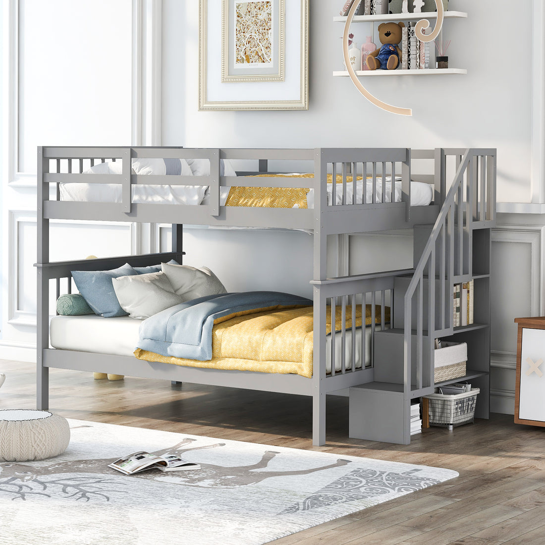 Stairway Full Over Full Bunk Bed With Storage And Guard Rail For Bedroom, Dorm, Gray Old Sku:Lp000110Aae Gray Solid Wood