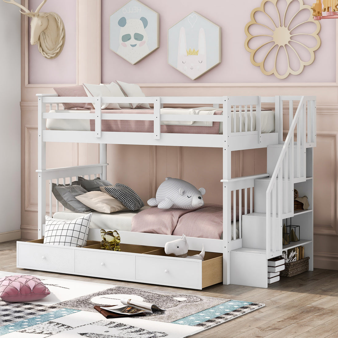 Stairway Twin Over Twin Bunk Bed With Three Drawers For Bedroom, Dorm White Old Sku: Lp000309Aak White Solid Wood