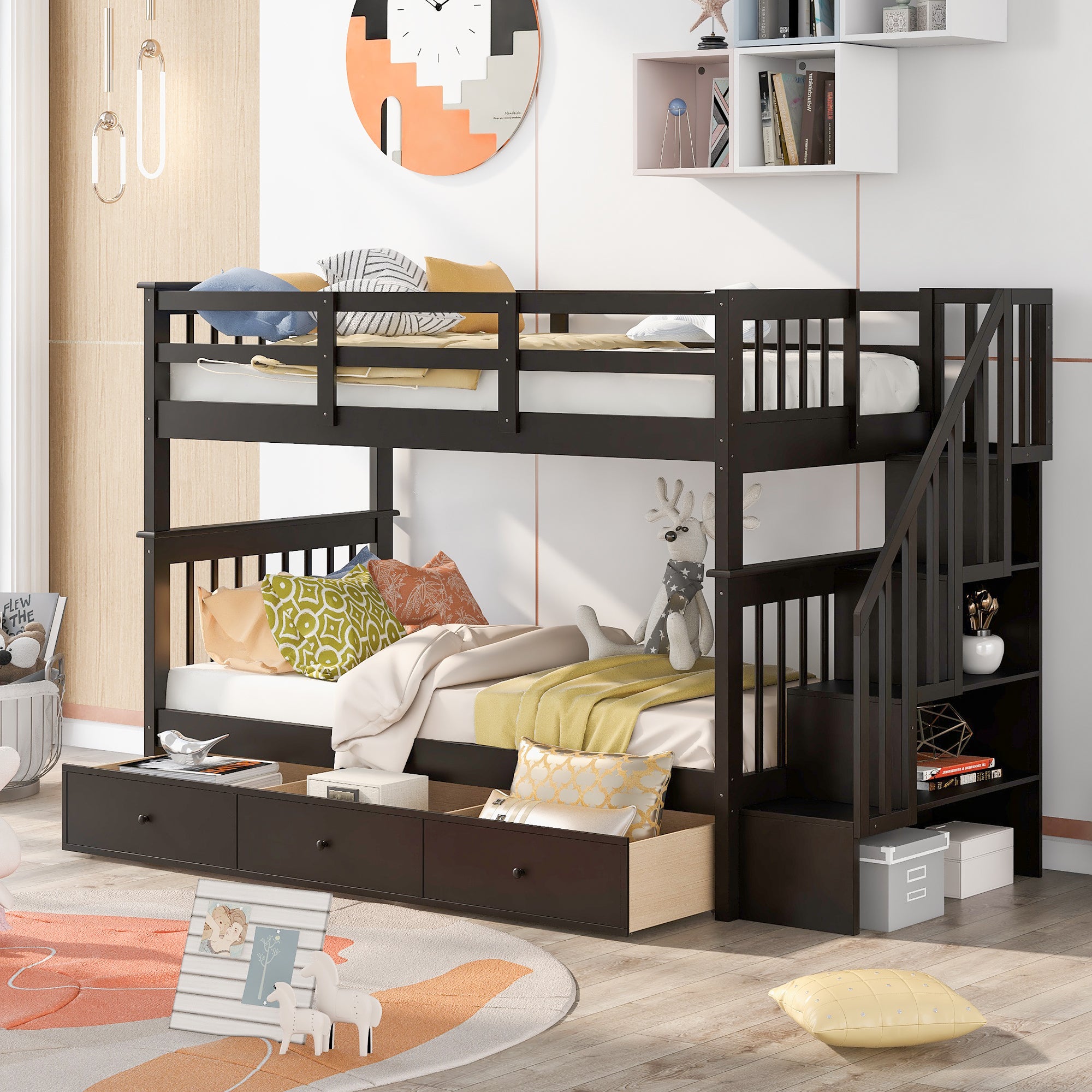 Stairway Twin Over Twin Bunk Bed With Three Drawers For Bedroom, Dorm Espresso Old Sku: Lp000309Aap Espresso Solid Wood