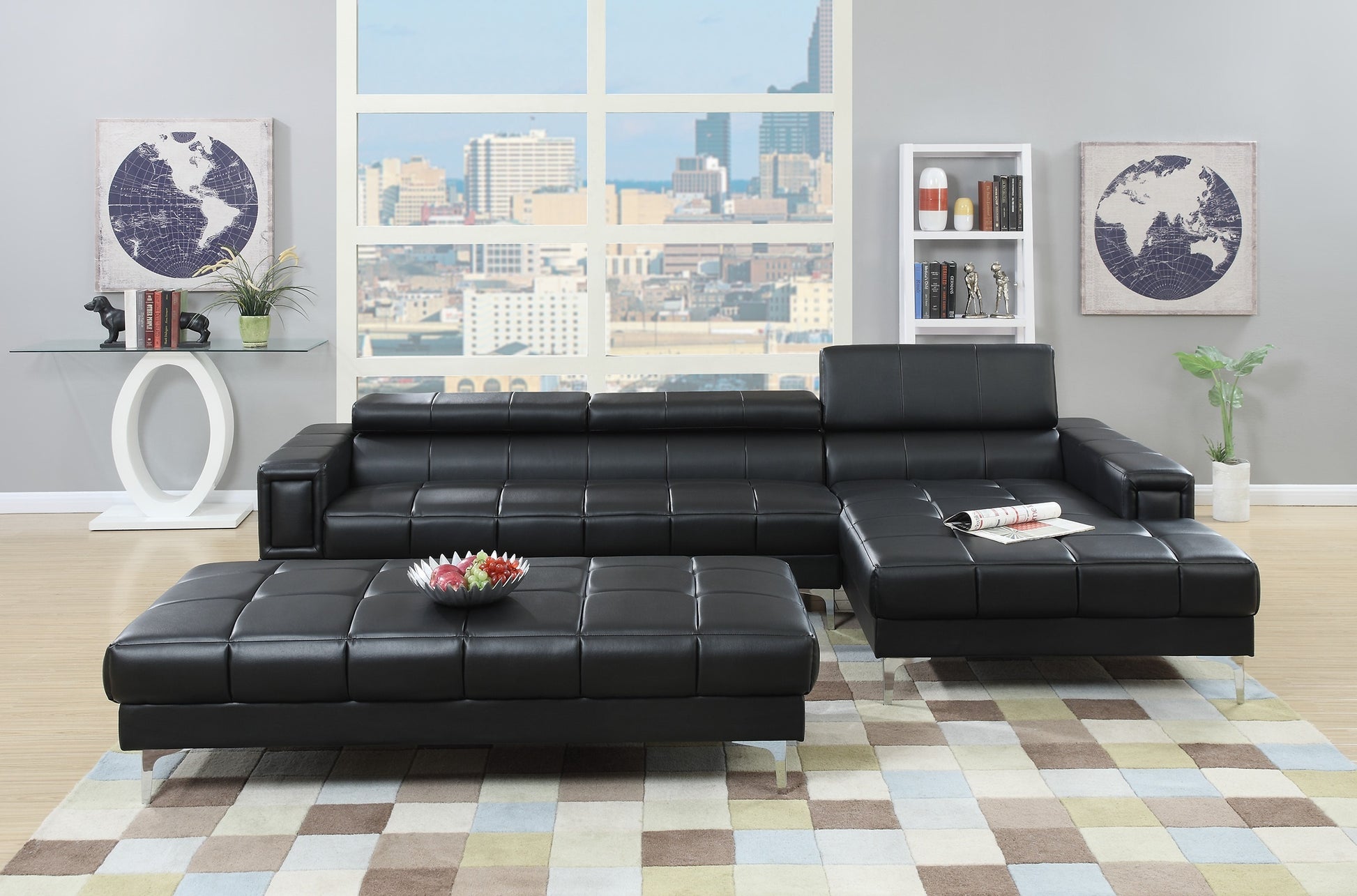 Black Bonded Leather Extra Large Ottoman Metal Legs 1Pc Ottoman Black Faux Leather Primary Living Space Black Geometric Contemporary,Modern Rectangle Tufted Bonded Leather