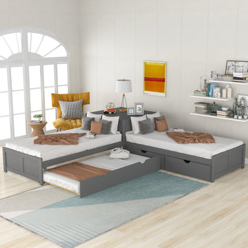 L Shaped Platform Bed With Trundle And Drawers Linked With Built In Desk,Twin,Gray Old Sku:Sm000916Aae 1 Box Spring Not Required Twin Gray Wood Bedroom Pine