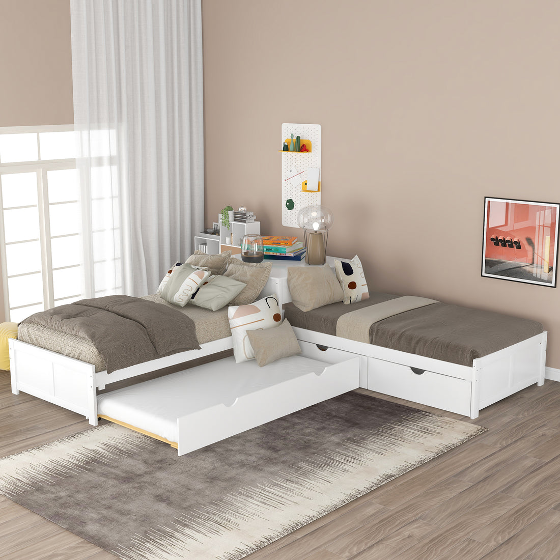 L Shaped Platform Bed With Trundle And Drawers Linked With Built In Desk,Twin,White Old Sku:Sm000916Aak 1 Box Spring Not Required Twin White Wood Pine