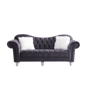 3 Piece Living Room Sofa Set, Including 3 Seater Sofa, Loveseat And Sofa Chair, With Button And Copper Nail On Arms And Back, Five White Villose Pillow, Grey. Grey Velvet