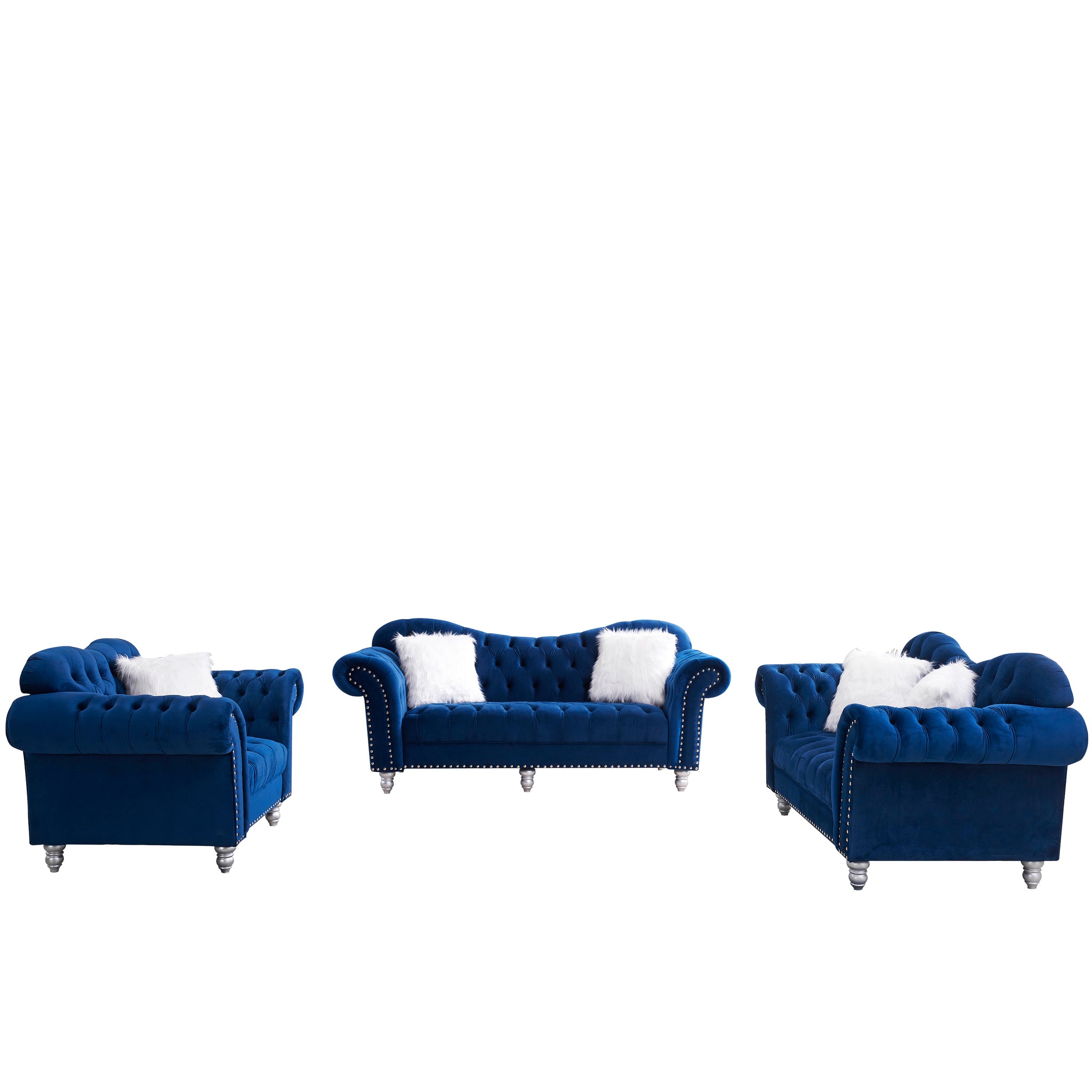 3 Piece Living Room Sofa Set, Including 3 Seater Sofa, Loveseat And Sofa Chair, With Button And Copper Nail On Arms And Back, Five White Villose Pillow, Blue. Blue Velvet