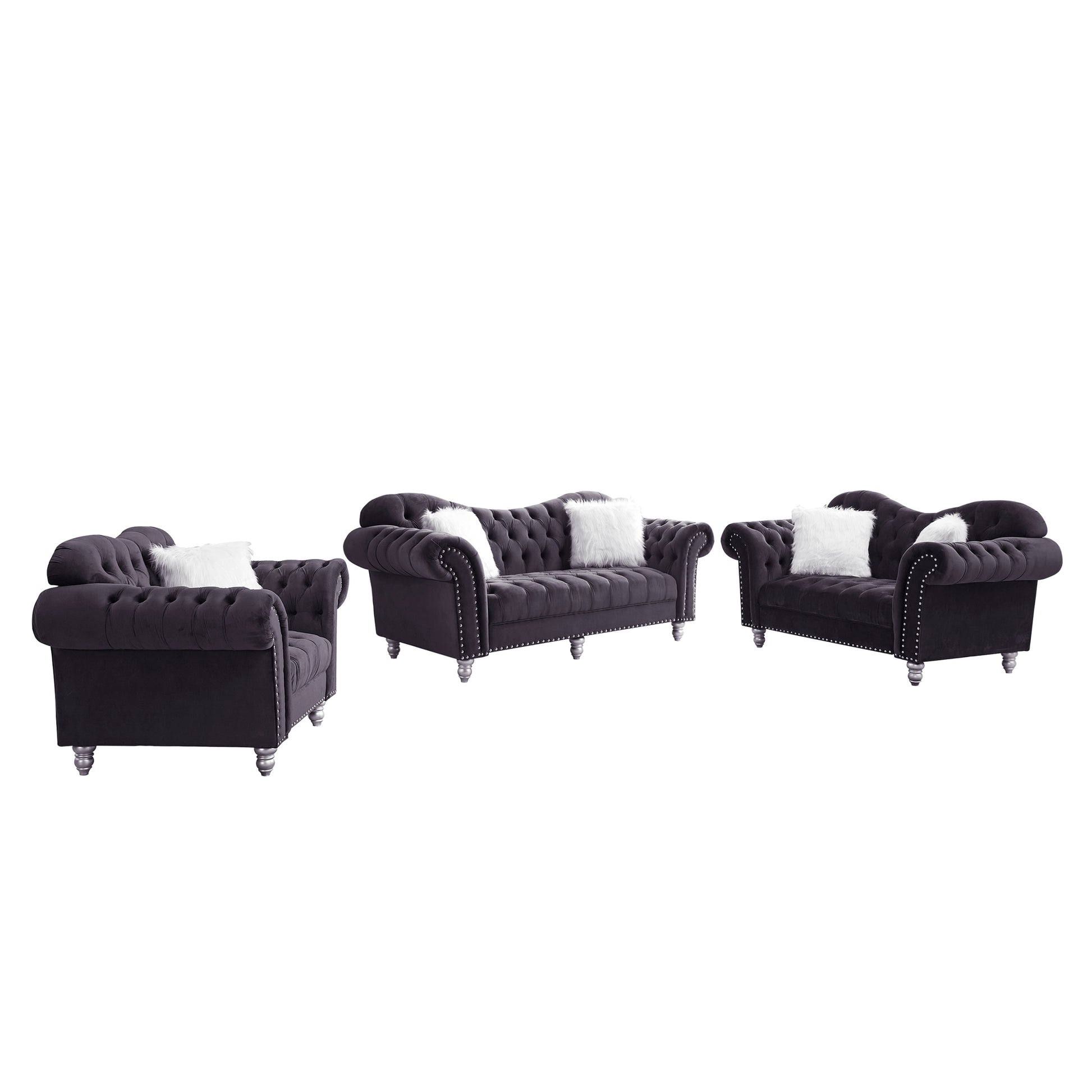 3 Piece Living Room Sofa Set, Including 3 Seater Sofa, Loveseat And Sofa Chair, With Button And Copper Nail On Arms And Back, Five White Villose Pillow, Grey. Grey Velvet