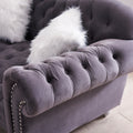 3 Piece Living Room Sofa Set, Including 3 Seater Sofa, Loveseat And Sofa Chair, With Button And Copper Nail On Arms And Back, Five White Villose Pillow, Grey. Grey Velvet