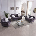 3 Piece Living Room Sofa Set, Including 3 Seater Sofa, Loveseat And Sofa Chair, With Button And Copper Nail On Arms And Back, Five White Villose Pillow, Grey. Grey Velvet