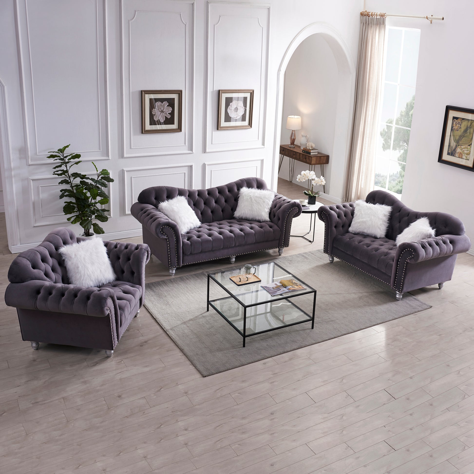 3 Piece Living Room Sofa Set, Including 3 Seater Sofa, Loveseat And Sofa Chair, With Button And Copper Nail On Arms And Back, Five White Villose Pillow, Grey. Grey Velvet