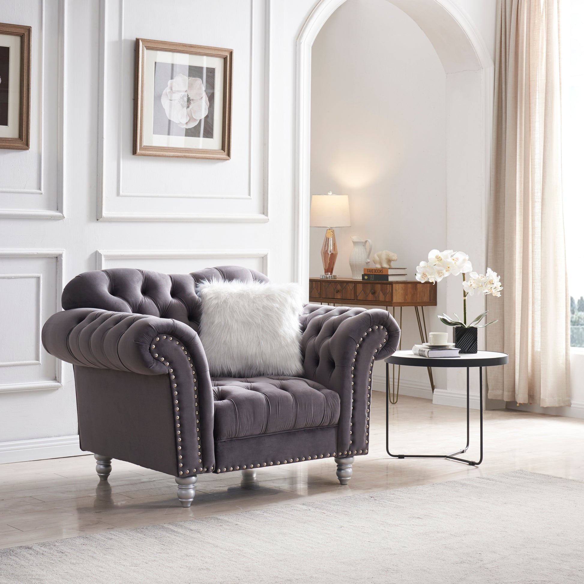 3 Piece Living Room Sofa Set, Including 3 Seater Sofa, Loveseat And Sofa Chair, With Button And Copper Nail On Arms And Back, Five White Villose Pillow, Grey. Grey Velvet