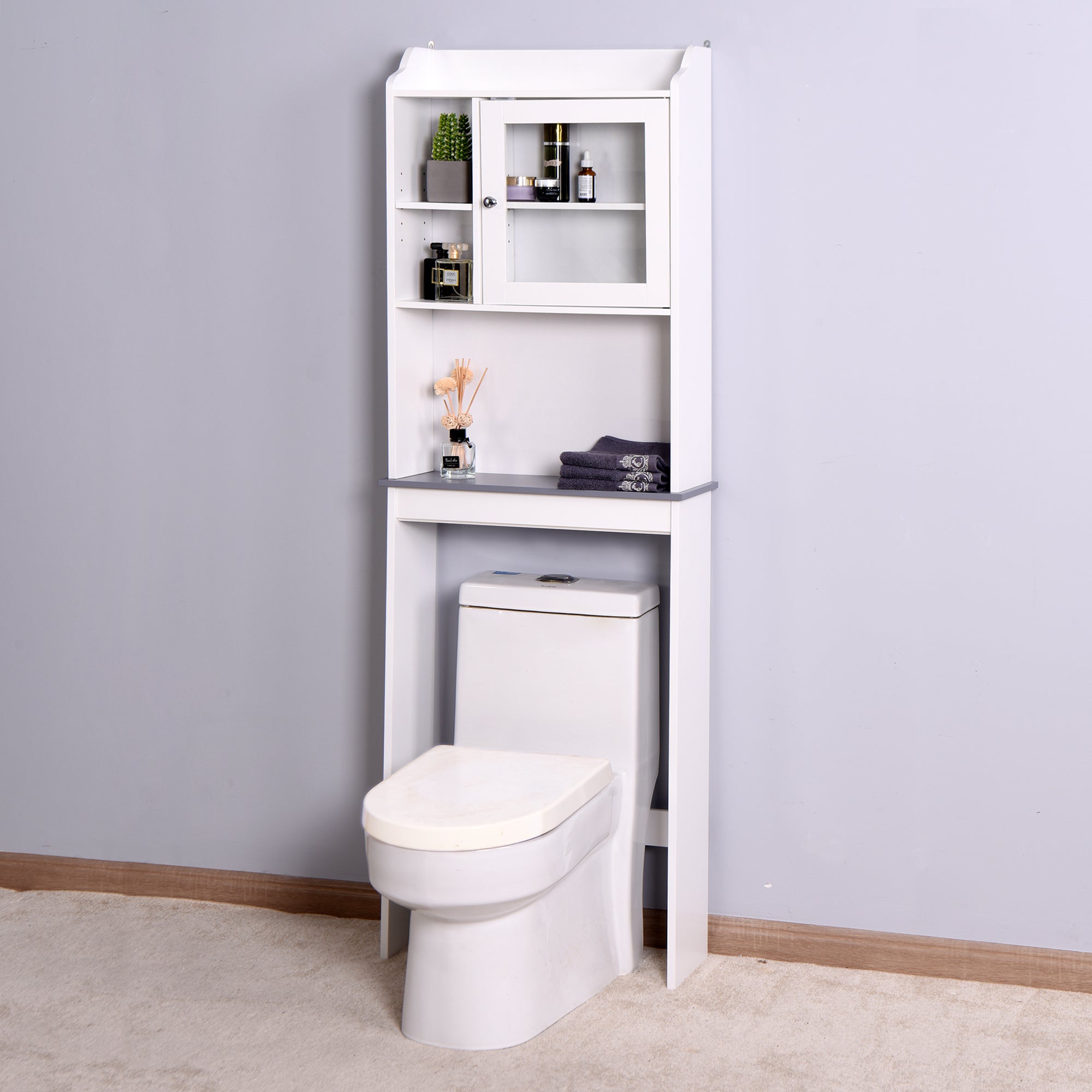 Modern Over The Toilet Space Saver Organization Wood Storage Cabinet For Home, Bathroom White White Mdf