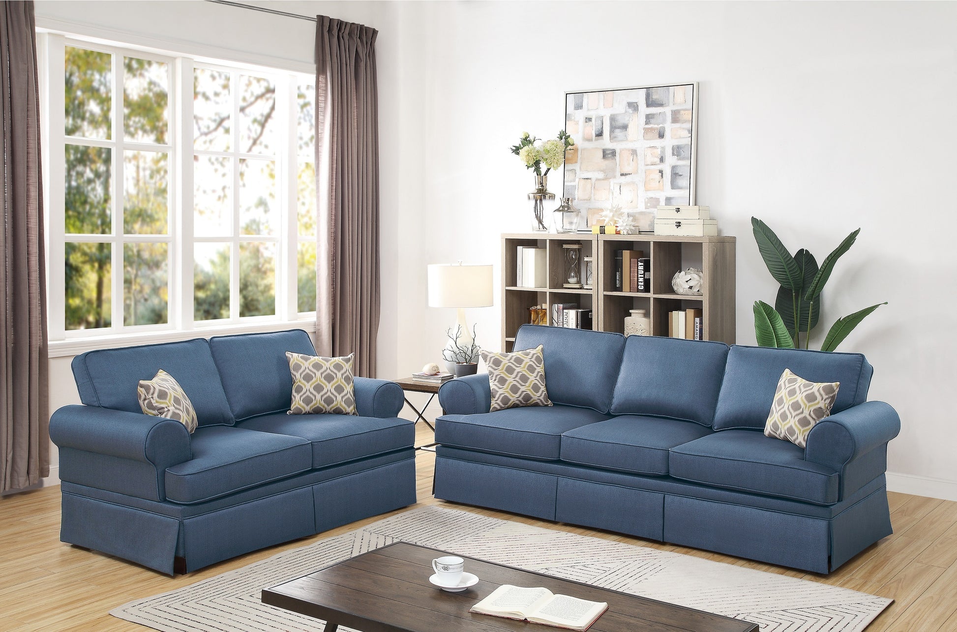 2Pc Sofa Set Sofa And Loveseat Living Room Furniture Blue Glossy Polyfiber Cushion Couch Blue Primary Living Space Cushion Back Modern Rolled Arms Fabric 5 Seat