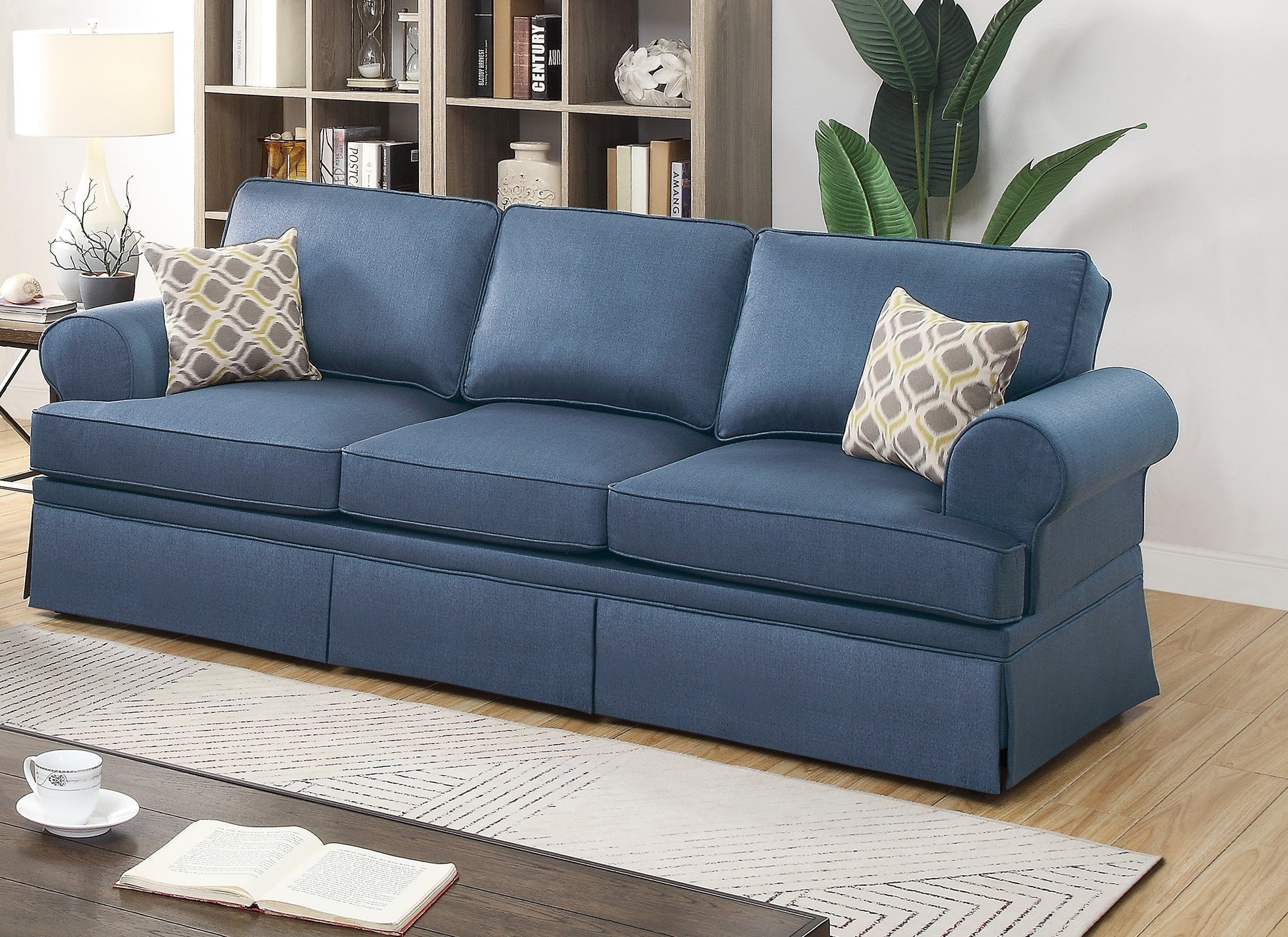 2Pc Sofa Set Sofa And Loveseat Living Room Furniture Blue Glossy Polyfiber Cushion Couch Blue Primary Living Space Cushion Back Modern Rolled Arms Fabric 5 Seat