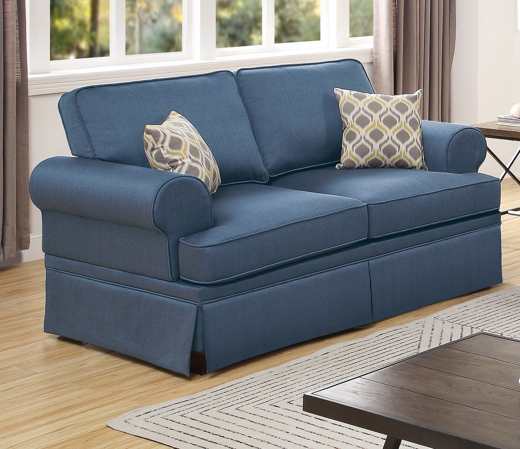 2Pc Sofa Set Sofa And Loveseat Living Room Furniture Blue Glossy Polyfiber Cushion Couch Blue Primary Living Space Cushion Back Modern Rolled Arms Fabric 5 Seat