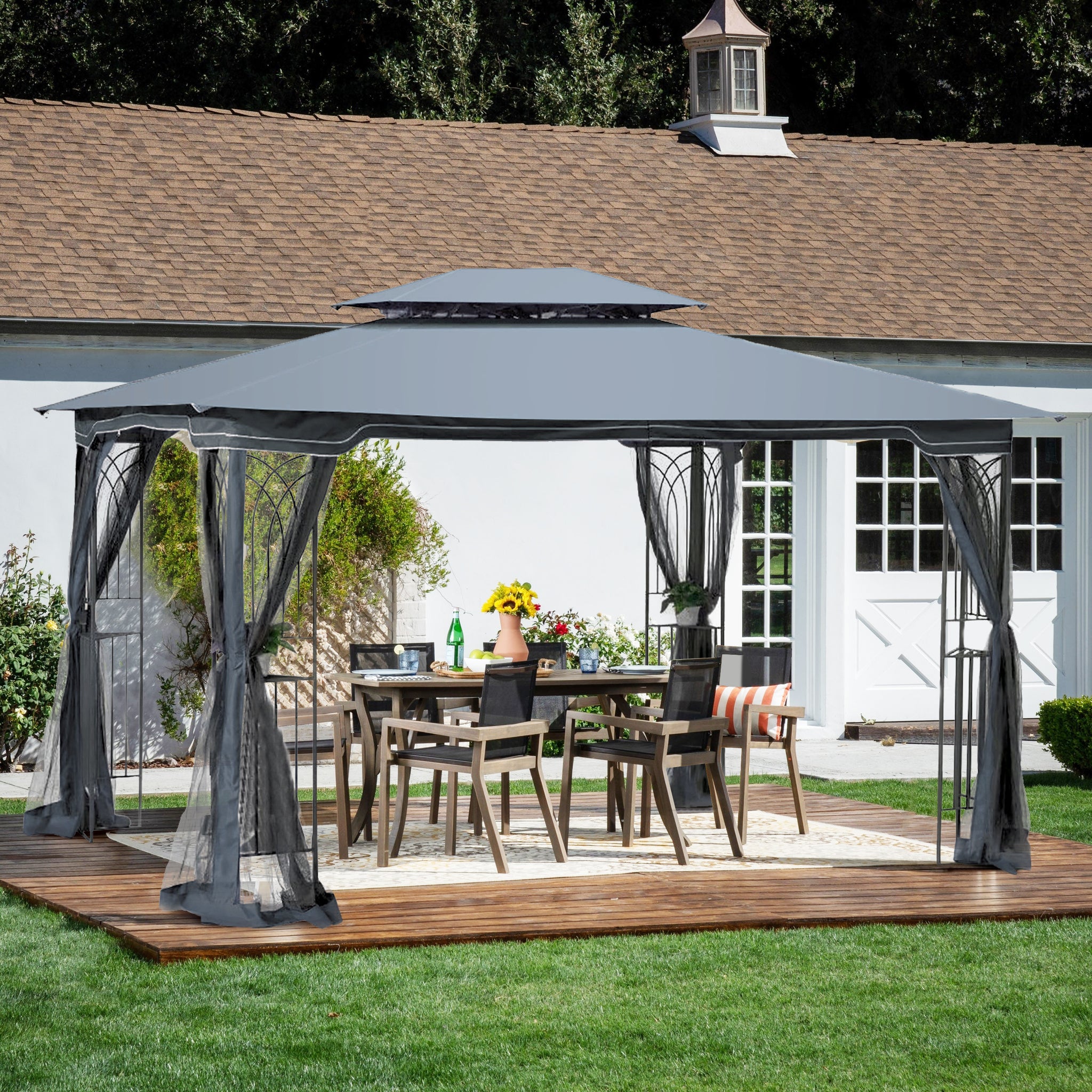 13X10 Outdoor Patio Gazebo Canopy Tent With Ventilated Double Roof And Mosquito Net Detachable Mesh Screen On All Sides ,Suitable For Lawn, Garden, Backyard And Deck,Gray Top Gray Metal