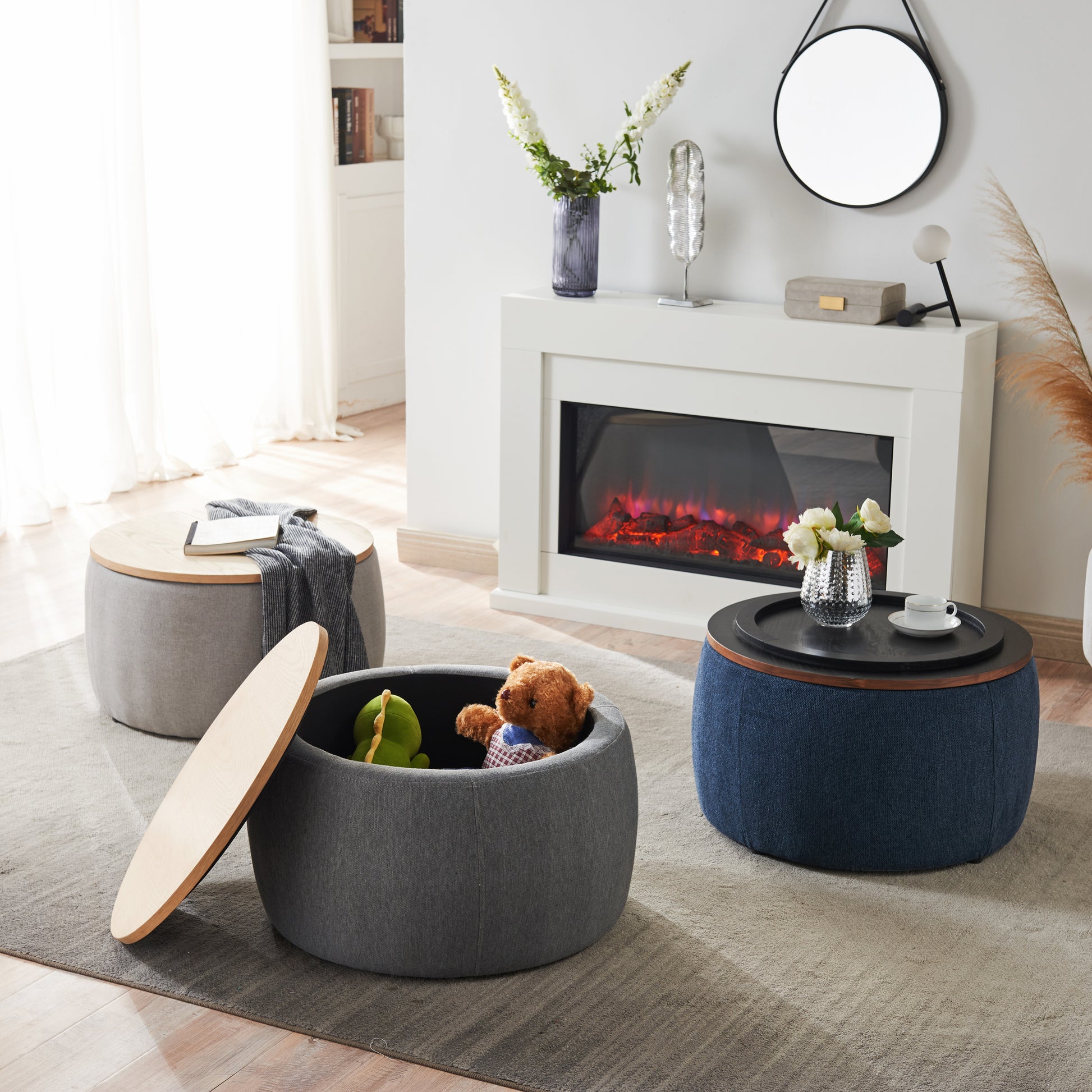 Round Storage Ottoman, 2 In 1 Function, Work As End Table And Ottoman, Navy 25.5"X25.5"X14.5" Navy Mdf