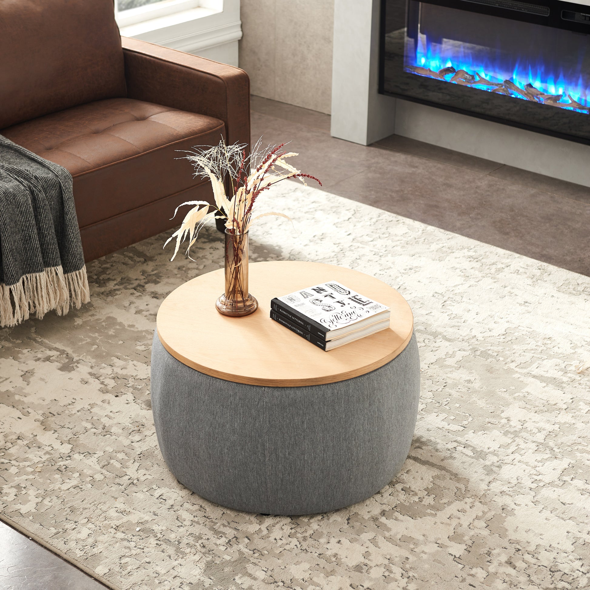 Round Storage Ottoman, 2 In 1 Function, Work As End Table And Ottoman, Dark Grey 25.5"X25.5"X14.5" Dark Grey Mdf