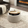 Round Storage Ottoman, 2 In 1 Function, Work As End Table And Ottoman, Grey 25.5