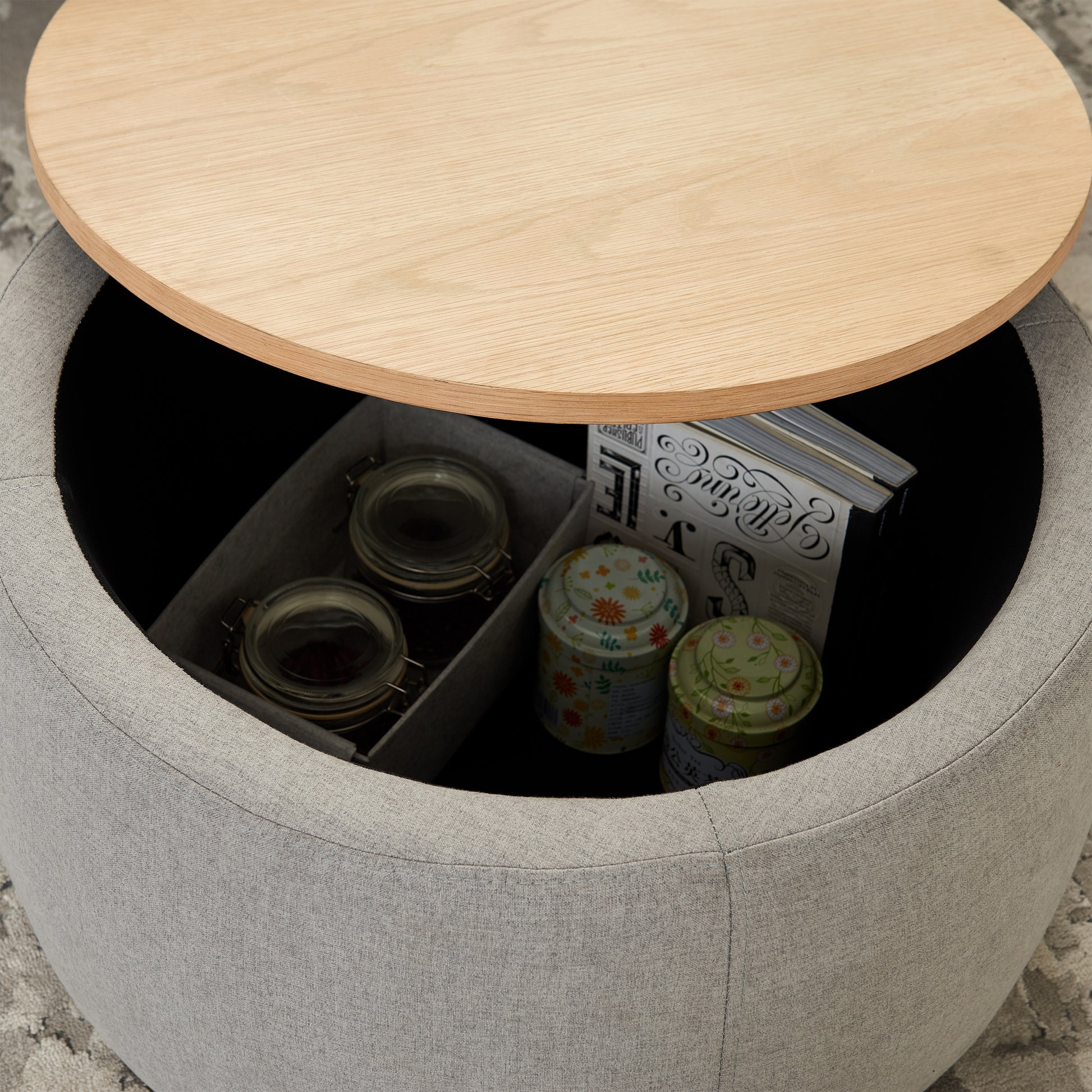 Round Storage Ottoman, 2 In 1 Function, Work As End Table And Ottoman, Grey 25.5"X25.5"X14.5" Light Grey Mdf