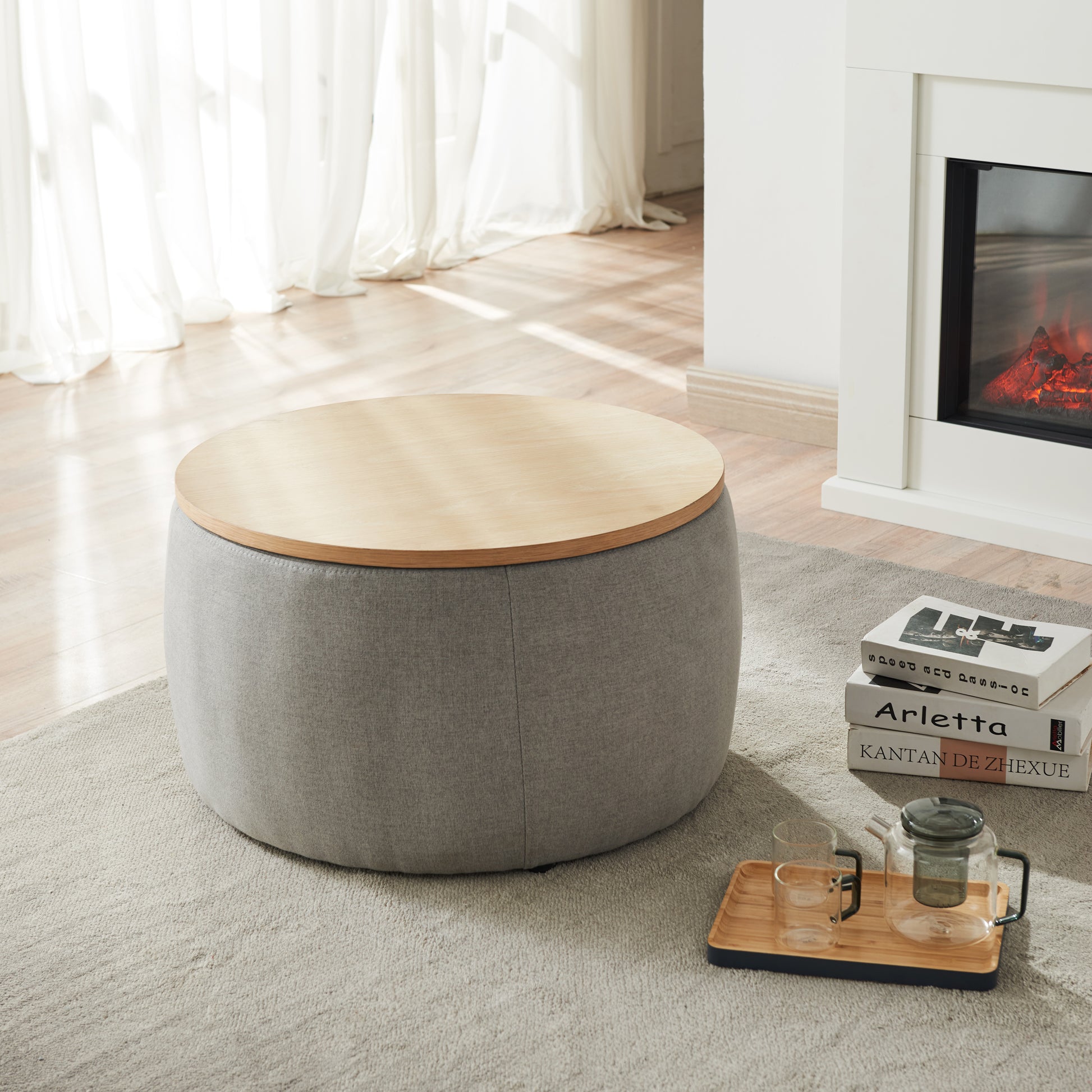 Round Storage Ottoman, 2 In 1 Function, Work As End Table And Ottoman, Grey 25.5"X25.5"X14.5" Light Grey Mdf