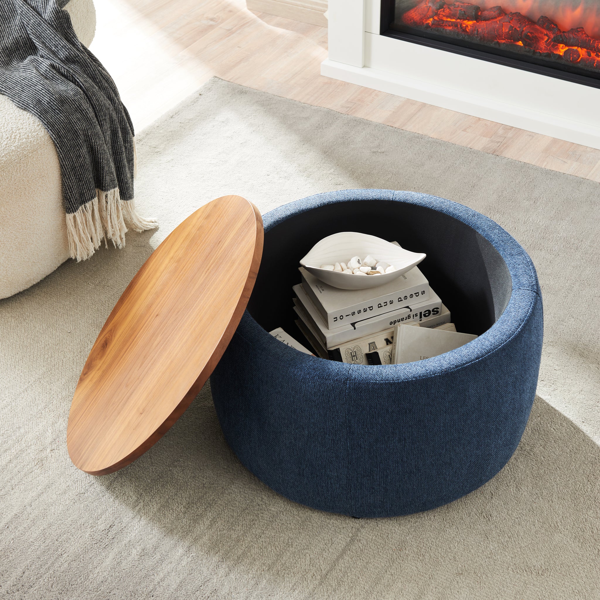 Round Storage Ottoman, 2 In 1 Function, Work As End Table And Ottoman, Navy 25.5"X25.5"X14.5" Navy Mdf