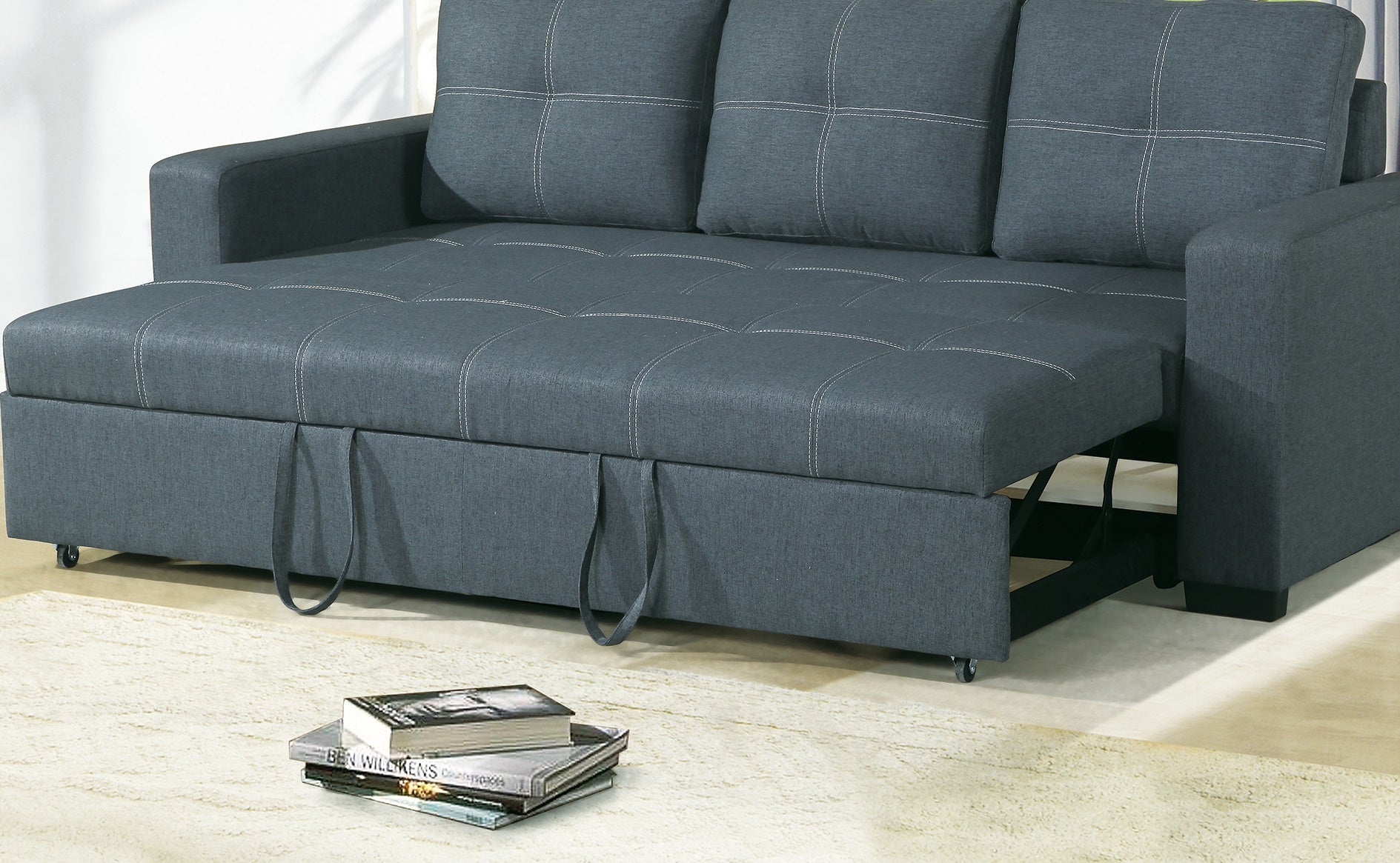 Sofa W Pull Out Bed Convertible Sofa In Blue Grey Polyfiber Hs00 F6532 Blue Grey Wood Primary Living Space Tufted Back Modern,Transitional Pine Square Arms Plywood 2 Seat