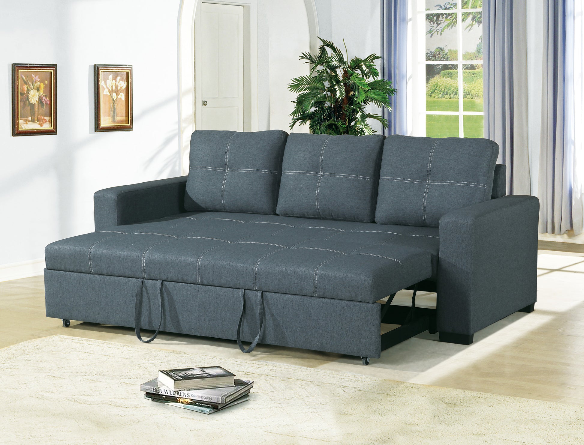 Sofa W Pull Out Bed Convertible Sofa In Blue Grey Polyfiber Hs00 F6532 Blue Grey Wood Primary Living Space Tufted Back Modern,Transitional Pine Square Arms Plywood 2 Seat