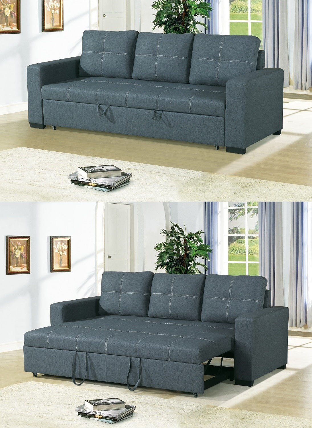 Sofa W Pull Out Bed Convertible Sofa In Blue Grey Polyfiber Hs00 F6532 Blue Grey Wood Primary Living Space Tufted Back Modern,Transitional Pine Square Arms Plywood 2 Seat