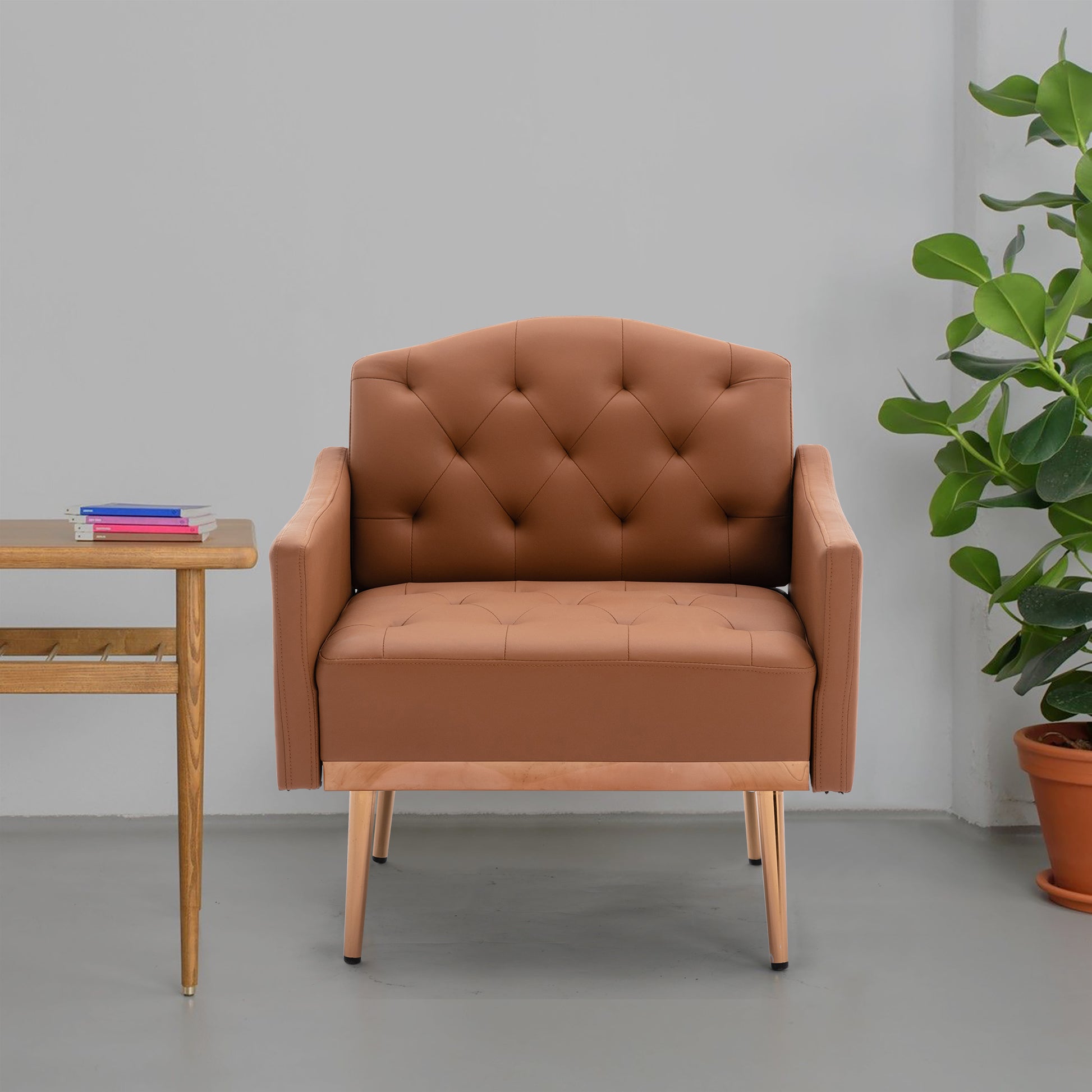 Coolmore Modern Accent Chair With Arms, Tufted Decorative Fabric Armchair With Gold Metal Legs, Upholstered Reading Chair For Living Room Bedroom Office Brown Pu Brown Pu Foam Metal