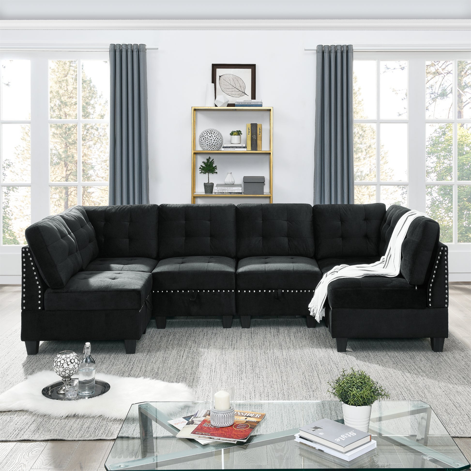 Corner Sofa For Modular Sectional,Black Velvet 31.5"X31.5"X36.5" Black Velvet