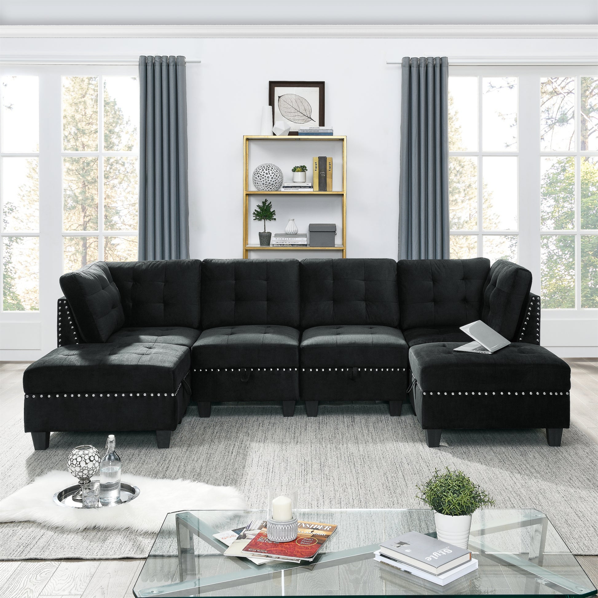 Ottoman For Modular Sectional,Black Velvet 25.5"X31.5"X19" Black Fabric