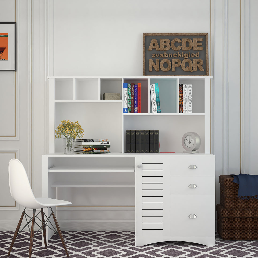 Home Office Computer Desk With Hutch, Antiqued White Finish White Mdf