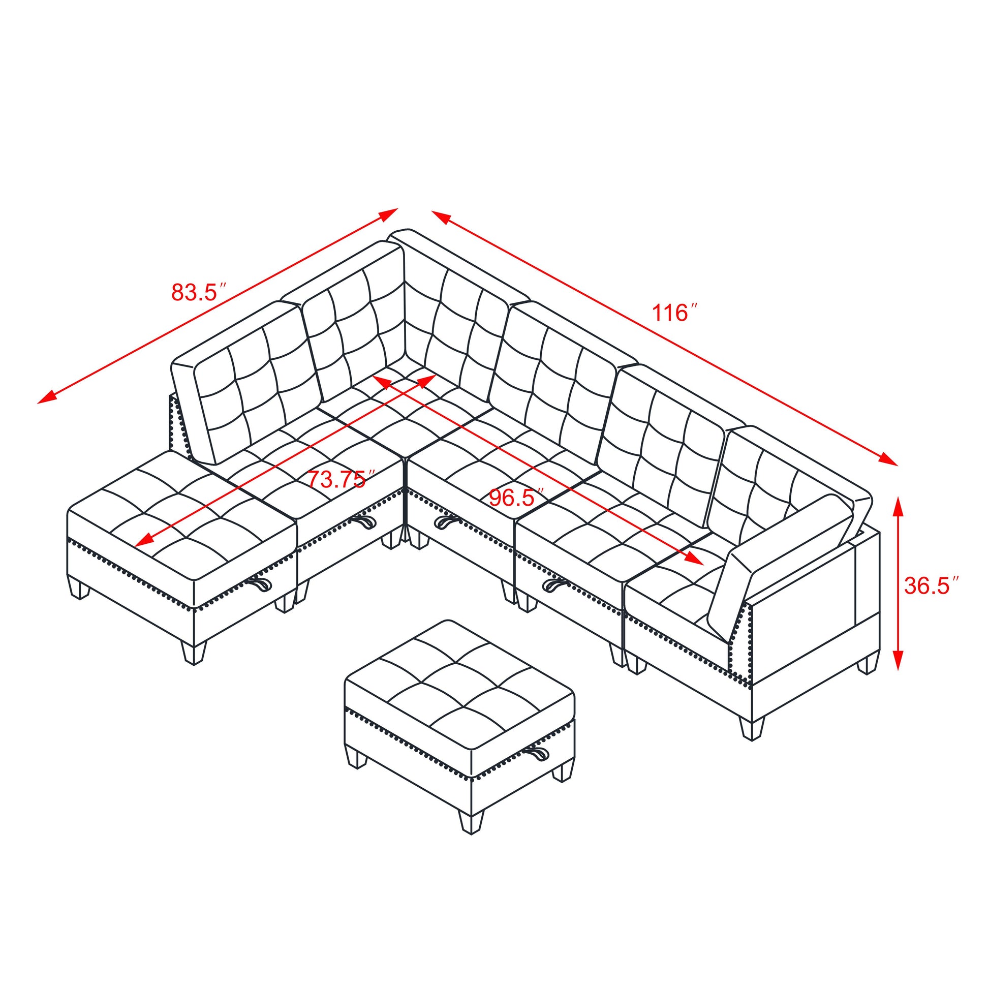 L Shape Modular Sectional Sofa,Diy Combination,Includes Three Single Chair ,Two Corner And Two Ottoman,Grey Chenille Grey Foam Chenille