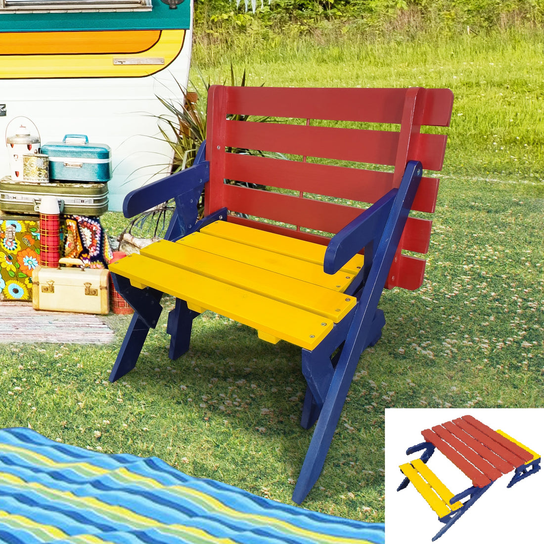 Kid'S Multi Functional Arm Chair,Table 2 Benches All In One Colorful Solid Wood