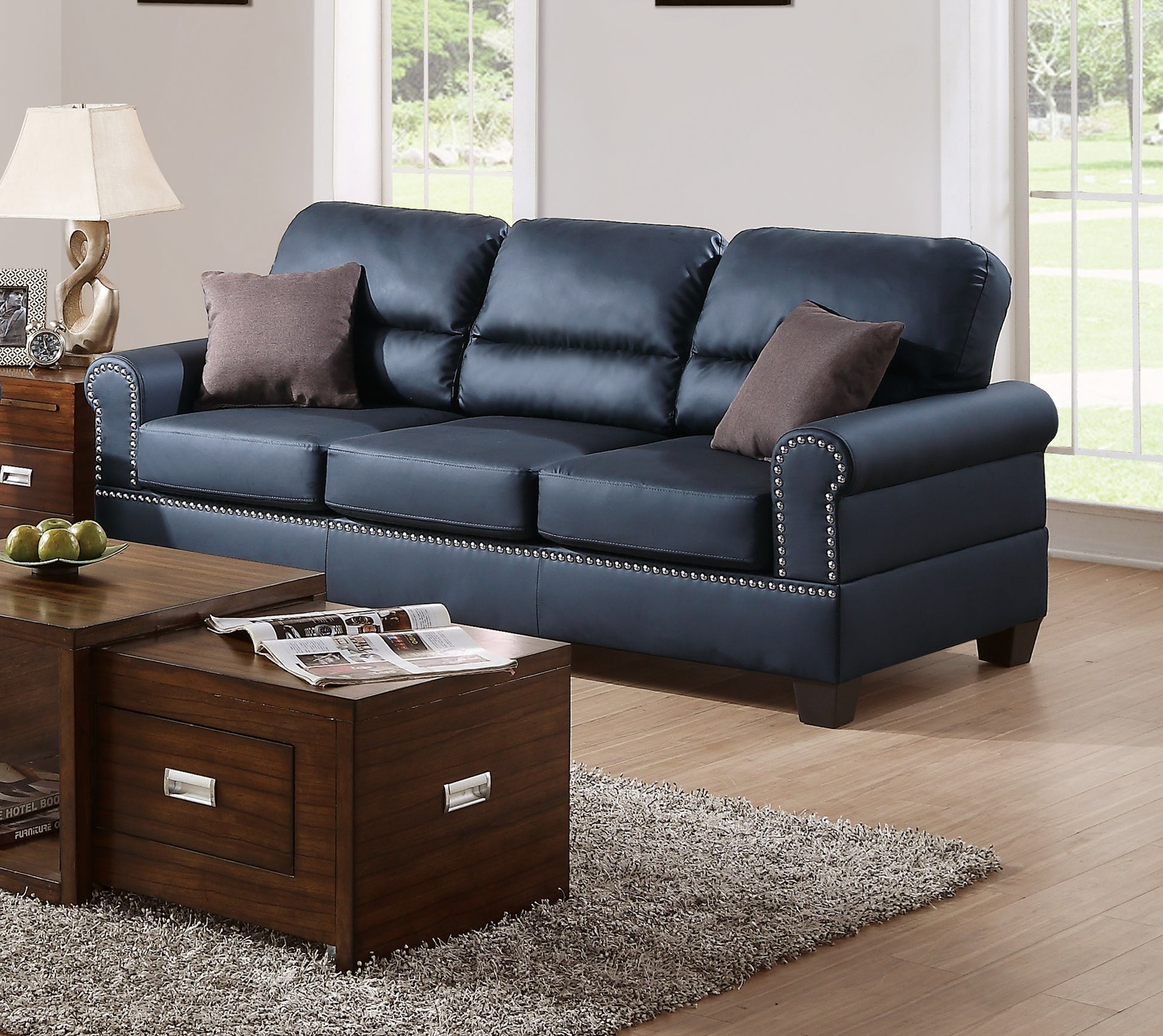 Black Bonded Leather 2Pc Sofa Set Sofa And Loveseat Living Room Furniture Black Faux Leather Wood Primary Living Space Cushion Back Contemporary,Modern Rolled Arms Bonded Leather 5 Seat