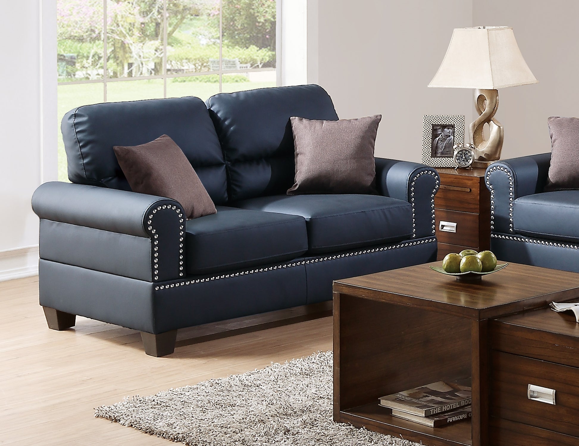 Black Bonded Leather 2Pc Sofa Set Sofa And Loveseat Living Room Furniture Black Faux Leather Wood Primary Living Space Cushion Back Contemporary,Modern Rolled Arms Bonded Leather 5 Seat