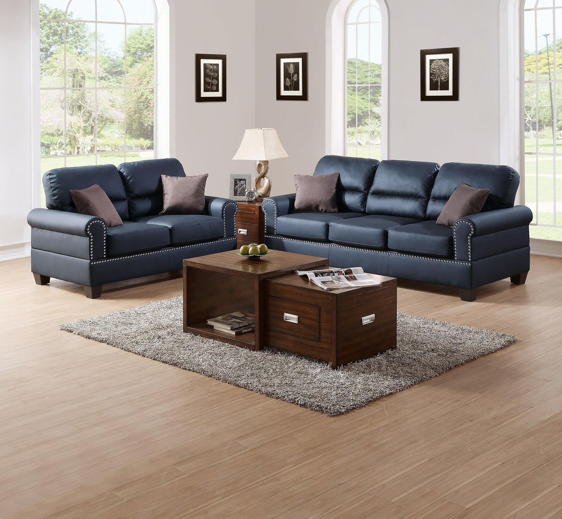 Black Bonded Leather 2Pc Sofa Set Sofa And Loveseat Living Room Furniture Black Faux Leather Wood Primary Living Space Cushion Back Contemporary,Modern Rolled Arms Bonded Leather 5 Seat