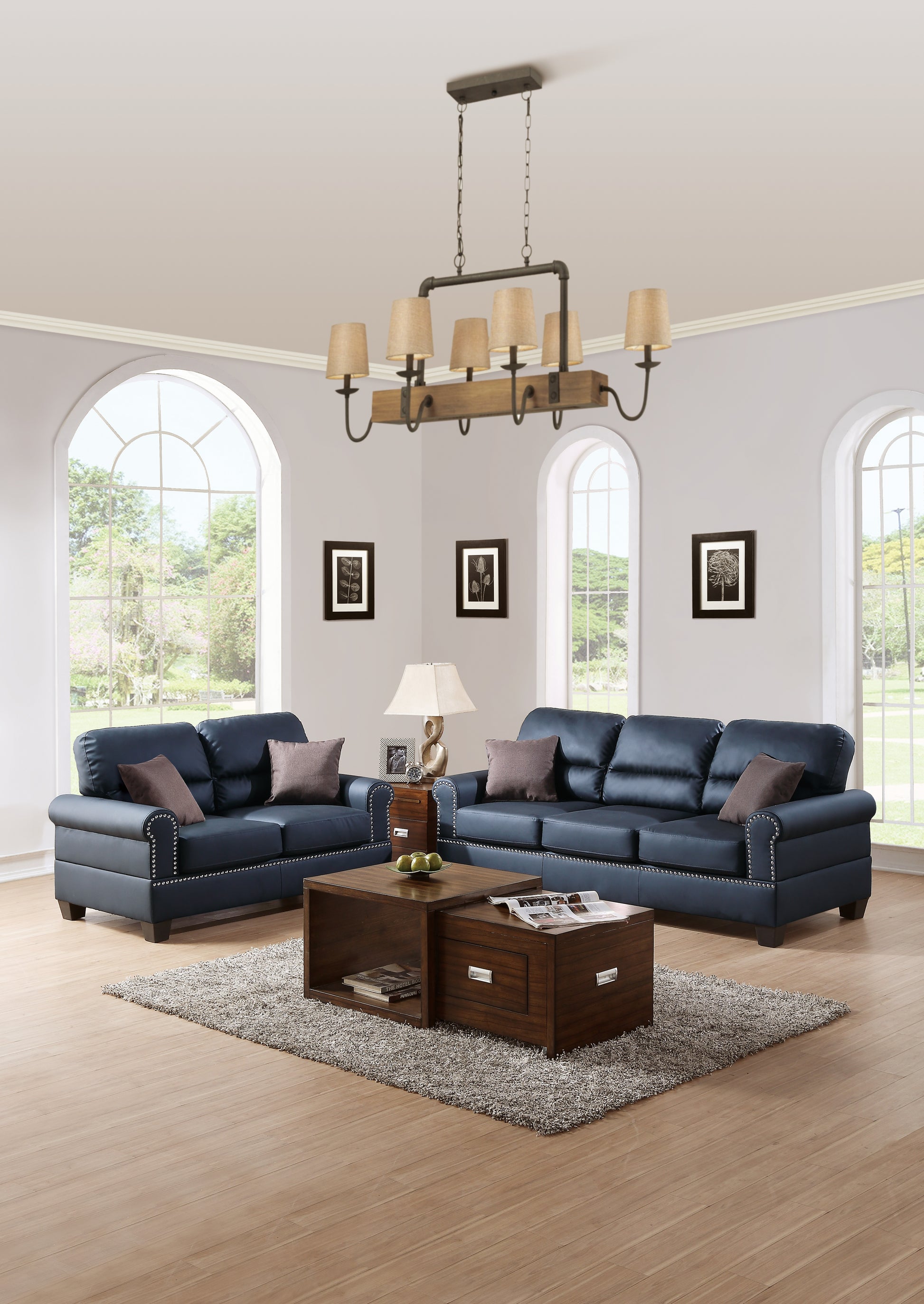 Black Bonded Leather 2Pc Sofa Set Sofa And Loveseat Living Room Furniture Black Faux Leather Wood Primary Living Space Cushion Back Contemporary,Modern Rolled Arms Bonded Leather 5 Seat