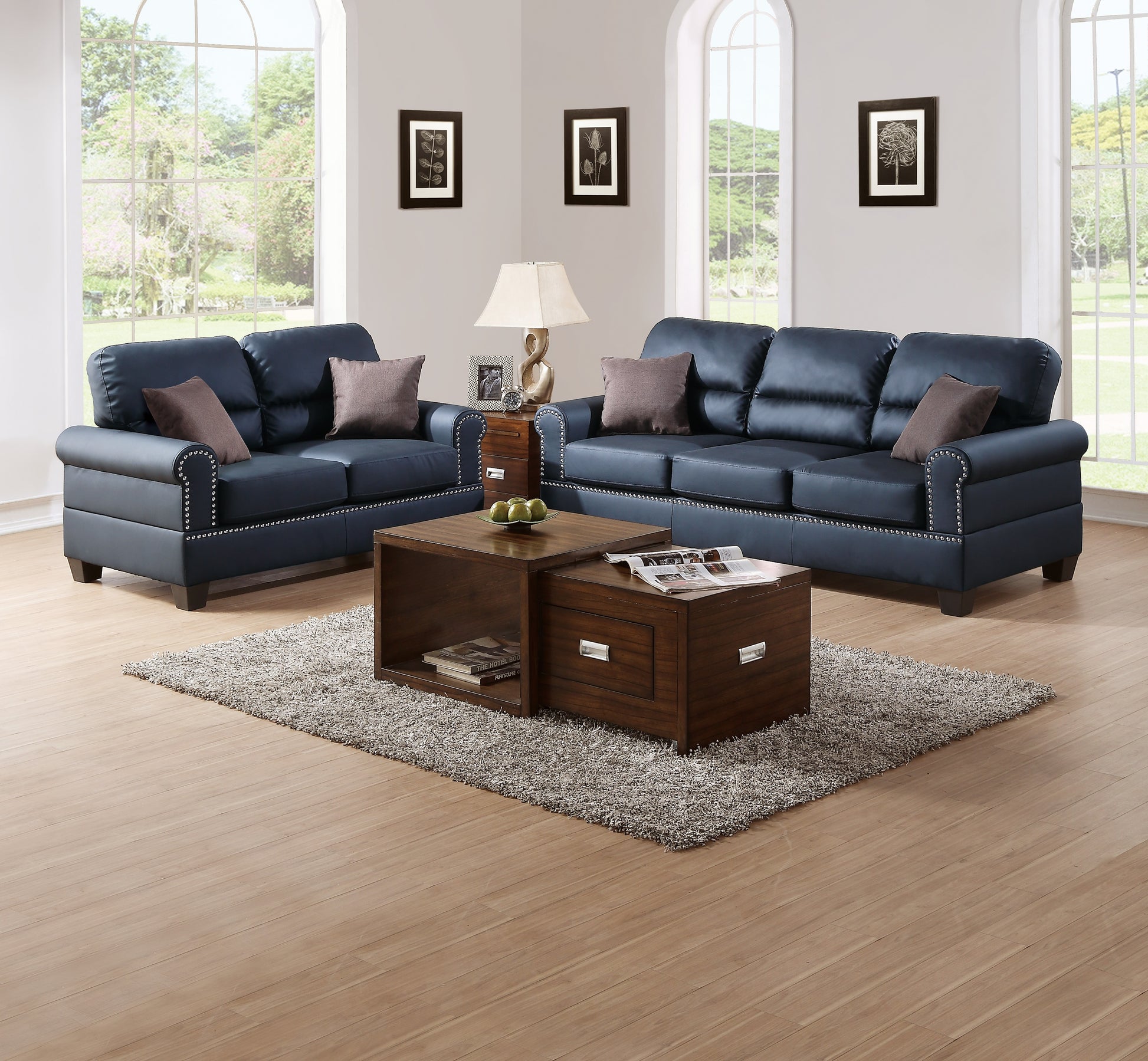 Black Bonded Leather 2Pc Sofa Set Sofa And Loveseat Living Room Furniture Black Faux Leather Wood Primary Living Space Cushion Back Contemporary,Modern Rolled Arms Bonded Leather 5 Seat
