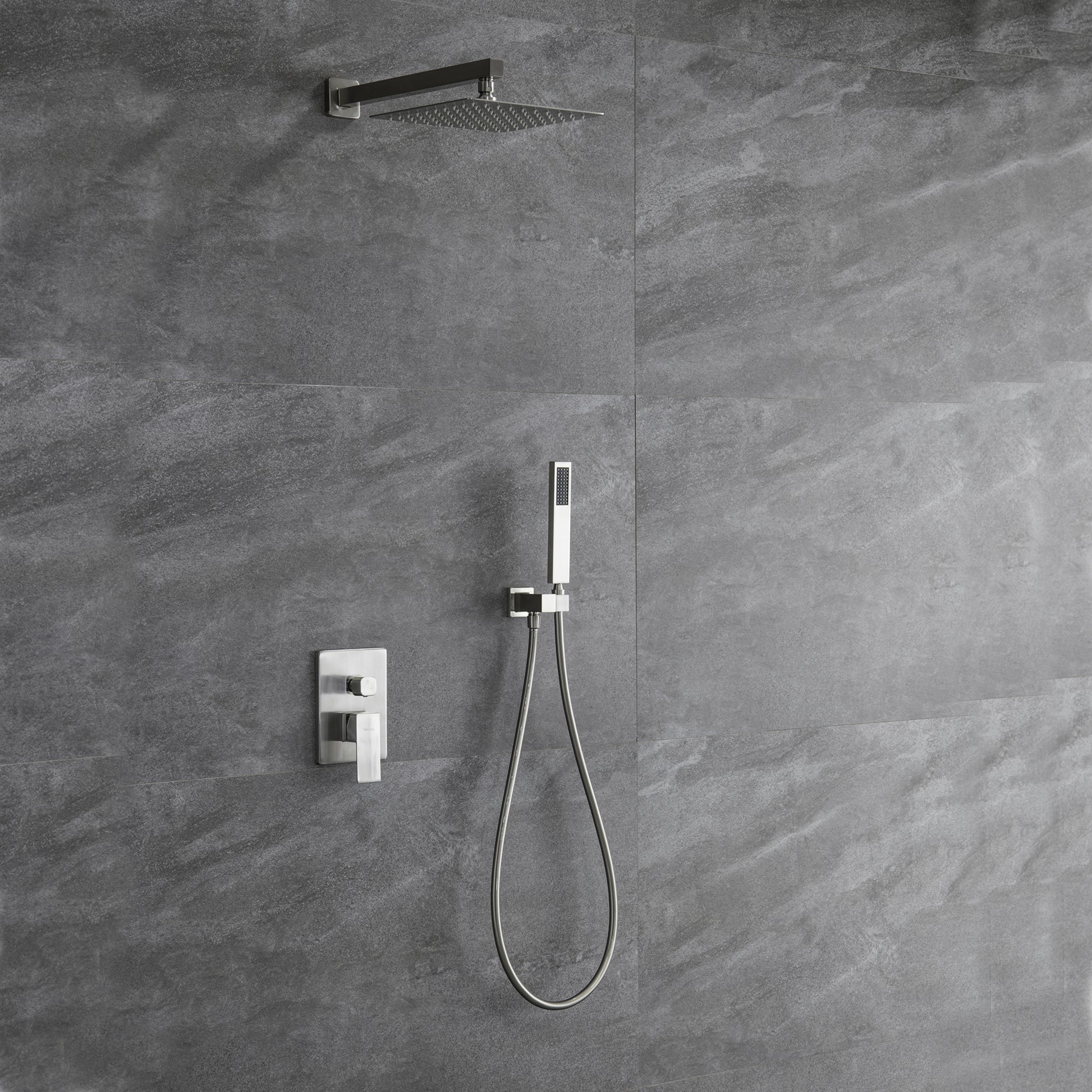 Trustmade Wall Mounted Square Rainfall Pressure Balanced Complteted Shower System With Rough In Valve, 10 Inches Matte Black 2W02 Cement Grey Stainless Steel