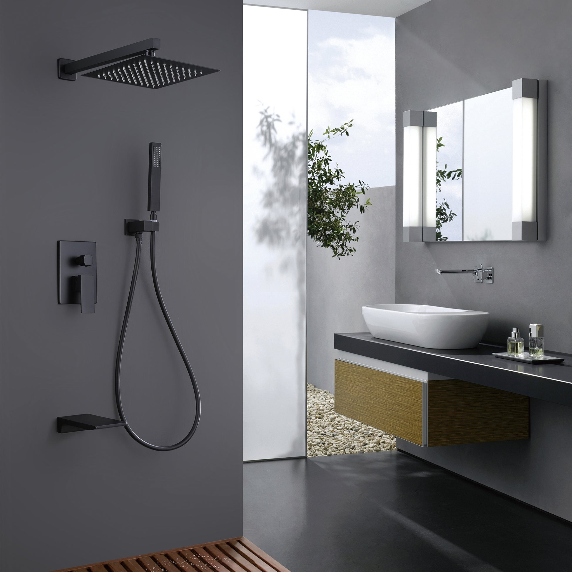 Trustmade Wall Mounted Square Rainfall Pressure Balanced Complteted Shower System With Rough In Valve, 3 Function, 10 Inches Matte Black 3W02 Black Stainless Steel