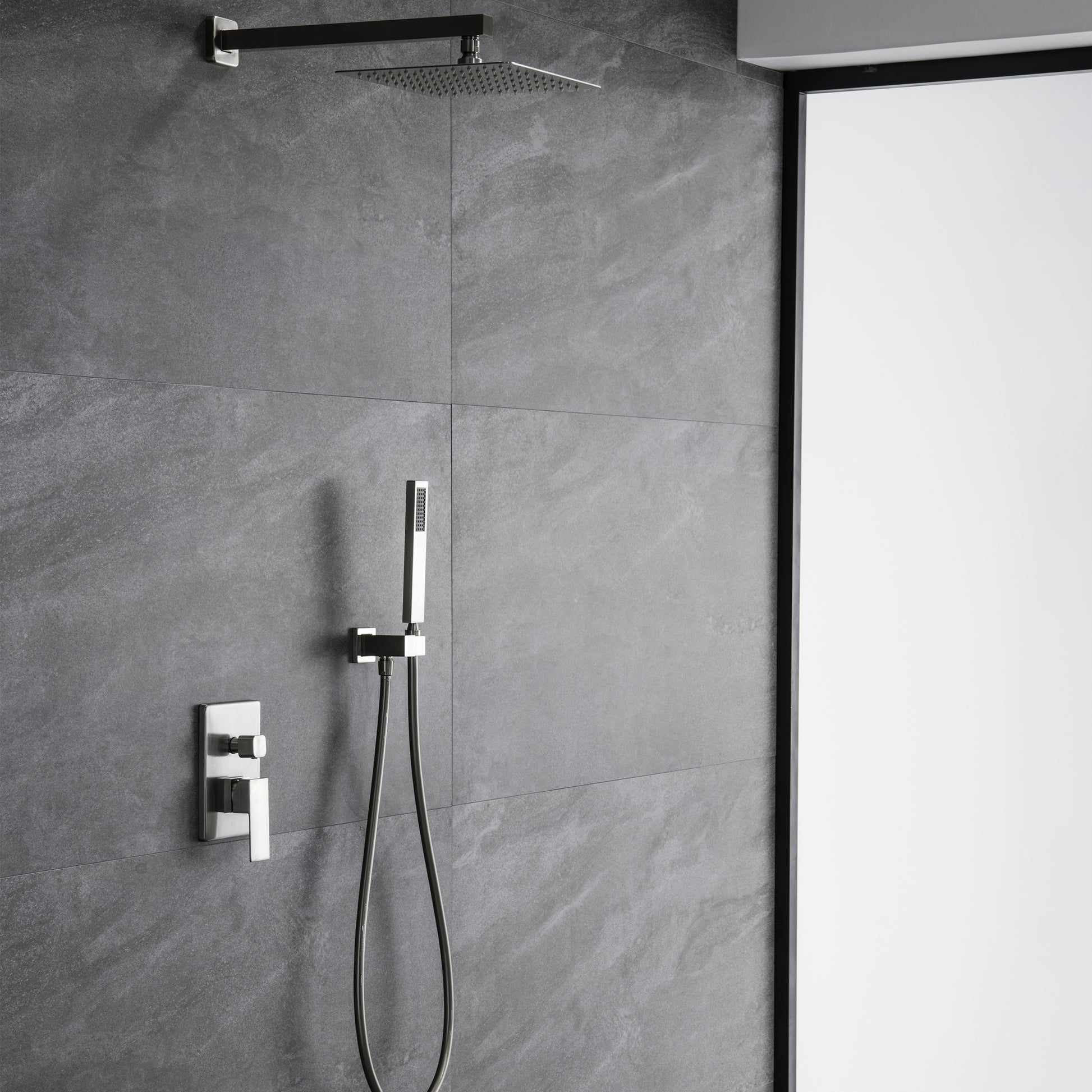 Trustmade Wall Mounted Square Rainfall Pressure Balanced Complteted Shower System With Rough In Valve, 10 Inches Matte Black 2W02 Cement Grey Stainless Steel