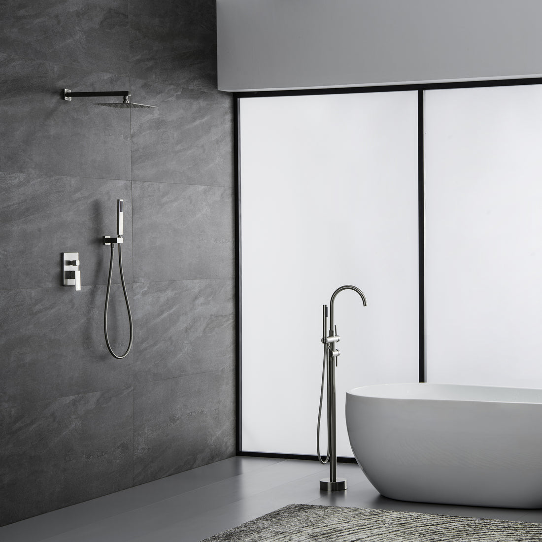 Trustmade Wall Mounted Square Rainfall Pressure Balanced Complteted Shower System With Rough In Valve, 10 Inches Matte Black 2W02 Cement Grey Stainless Steel