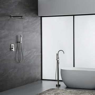 Trustmade Wall Mounted Square Rainfall Pressure Balanced Complteted Shower System With Rough In Valve, 10 Inches Matte Black 2W02 Cement Grey Stainless Steel