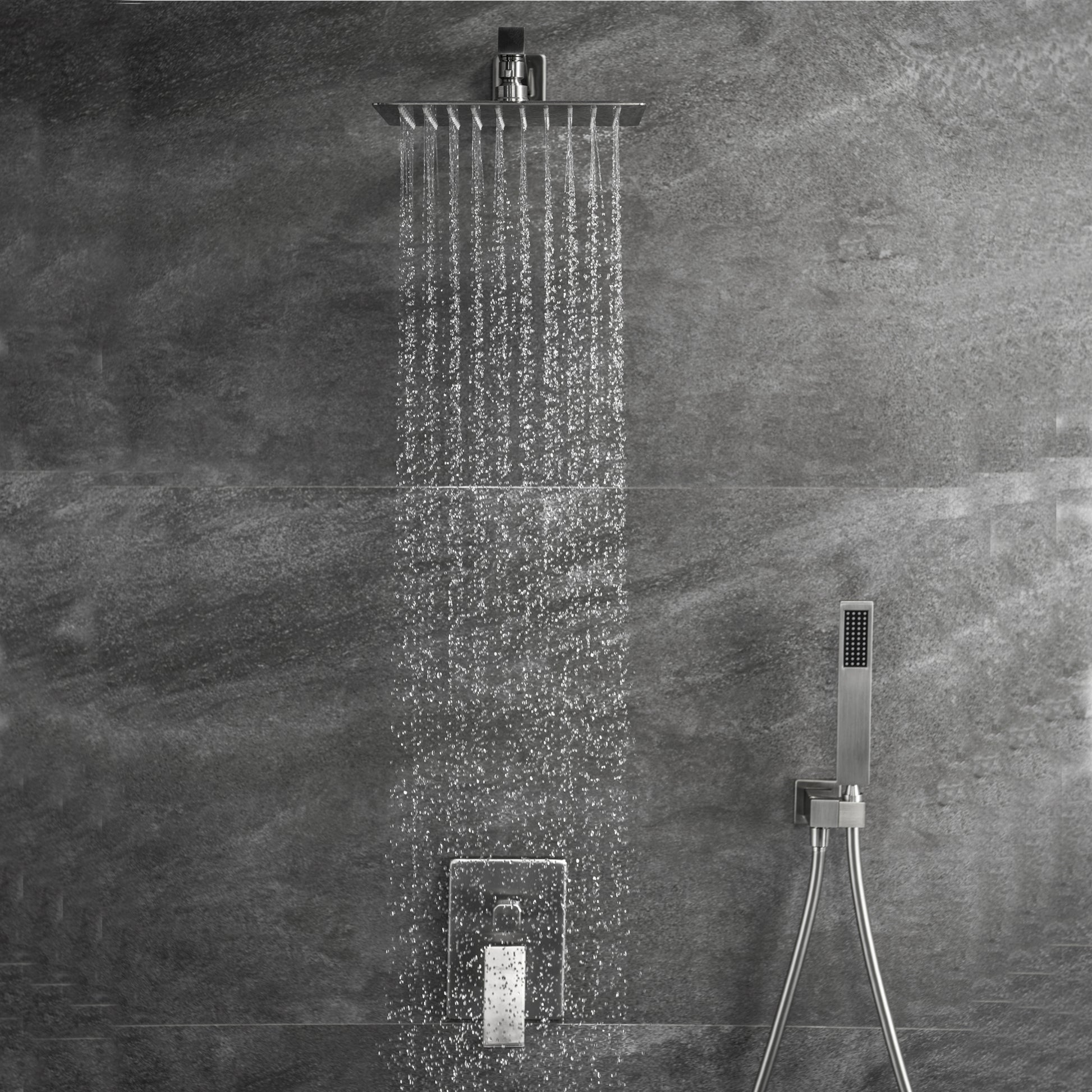 Trustmade Wall Mounted Square Rainfall Pressure Balanced Complteted Shower System With Rough In Valve, 10 Inches Matte Black 2W02 Cement Grey Stainless Steel